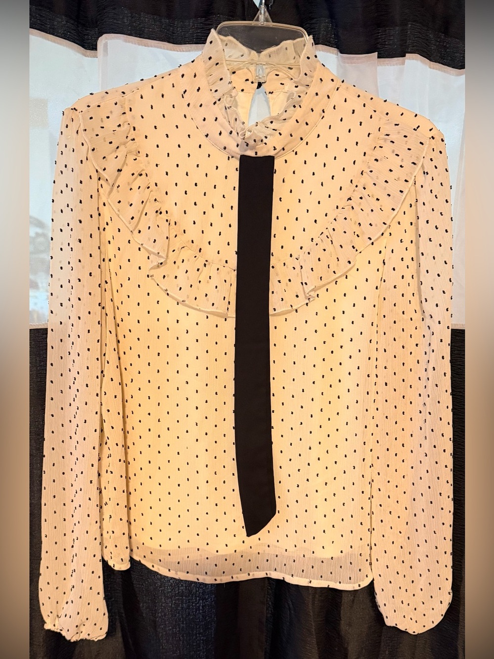 Like New june & hudson Cream Polka Dot Ruffle Blouse with Black Tie